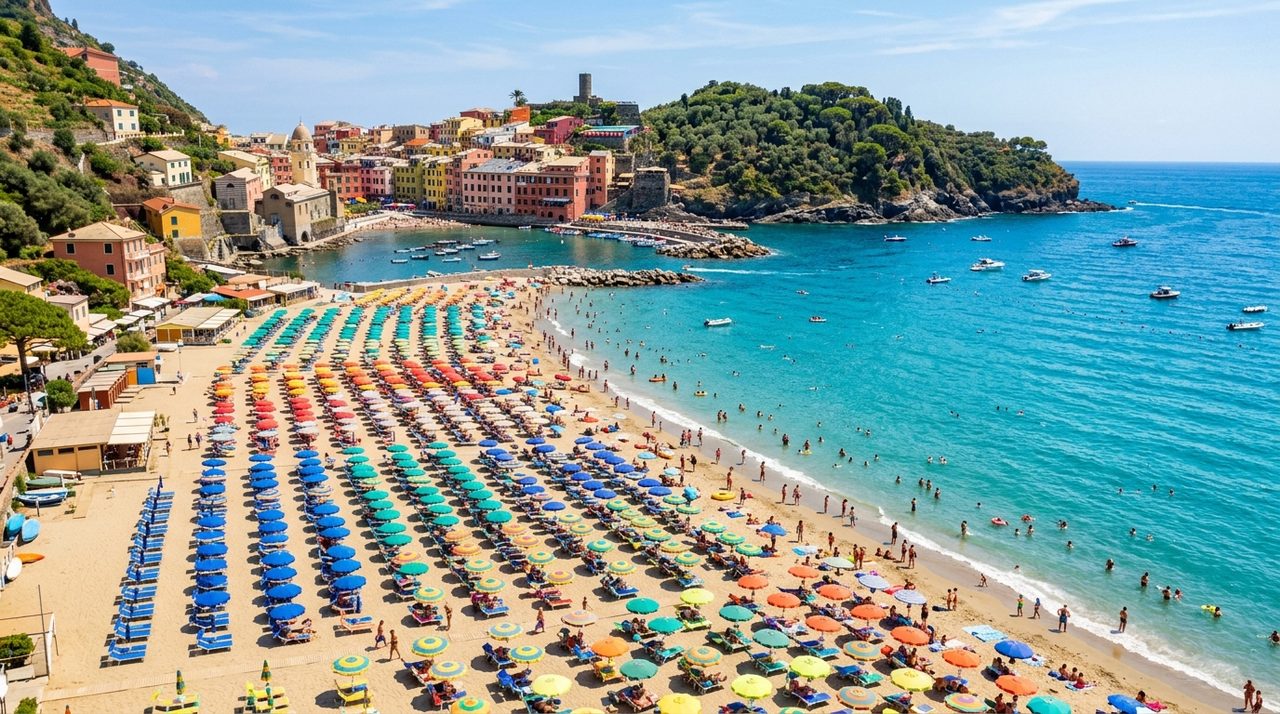 Spiaggia italiana con ombrelloni colorati a Ferragosto