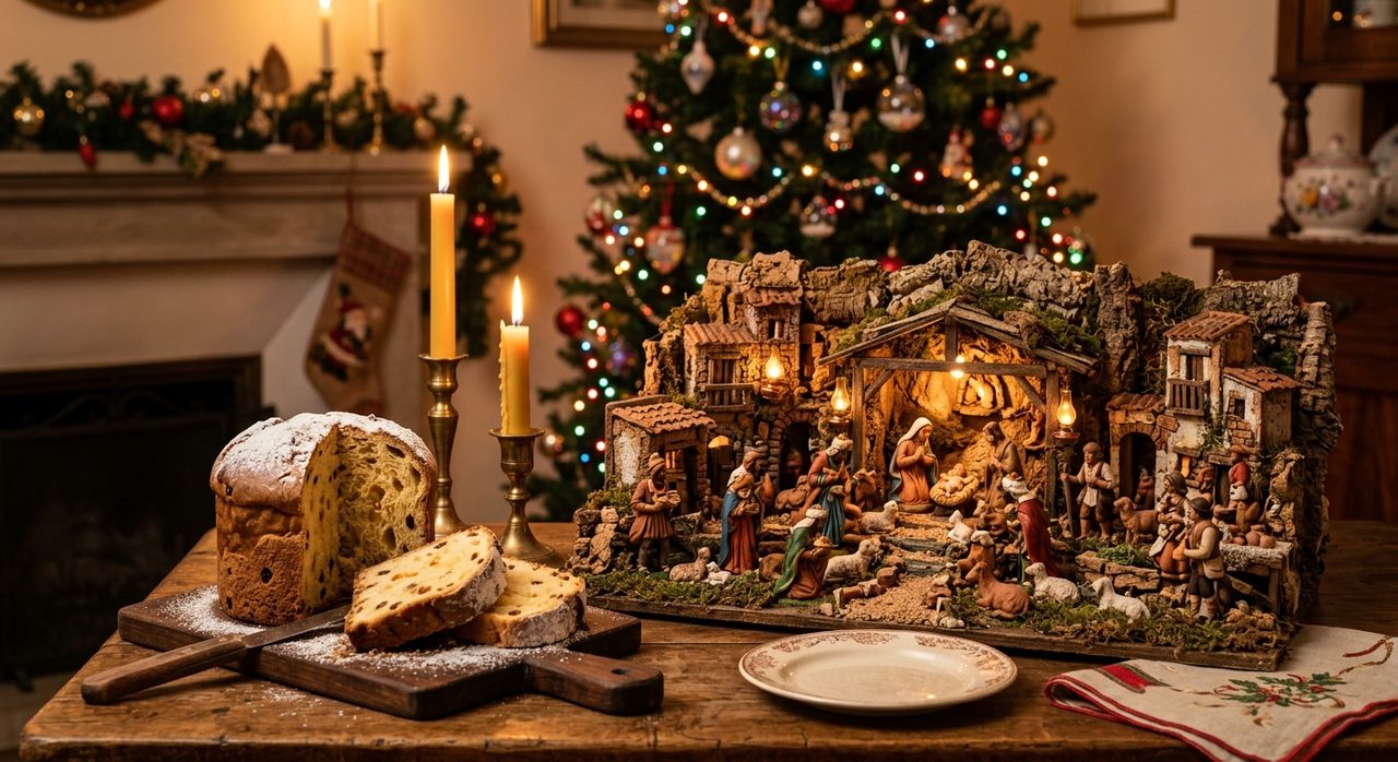 Presepe napoletano e panettone per il Natale italiano