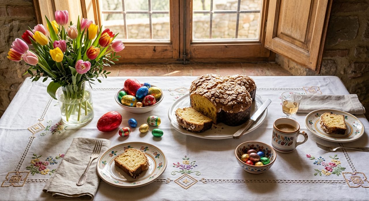 Tavola di Pasqua con colomba pasquale e uova di cioccolato
