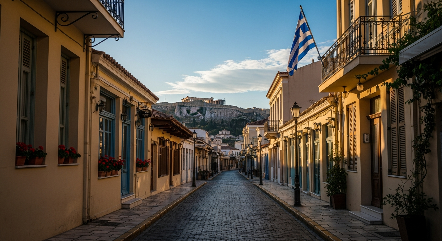 Atene in un giorno festivo di inizio giugno, strada tranquilla con taverne chiuse per la Pentecoste ortodossa