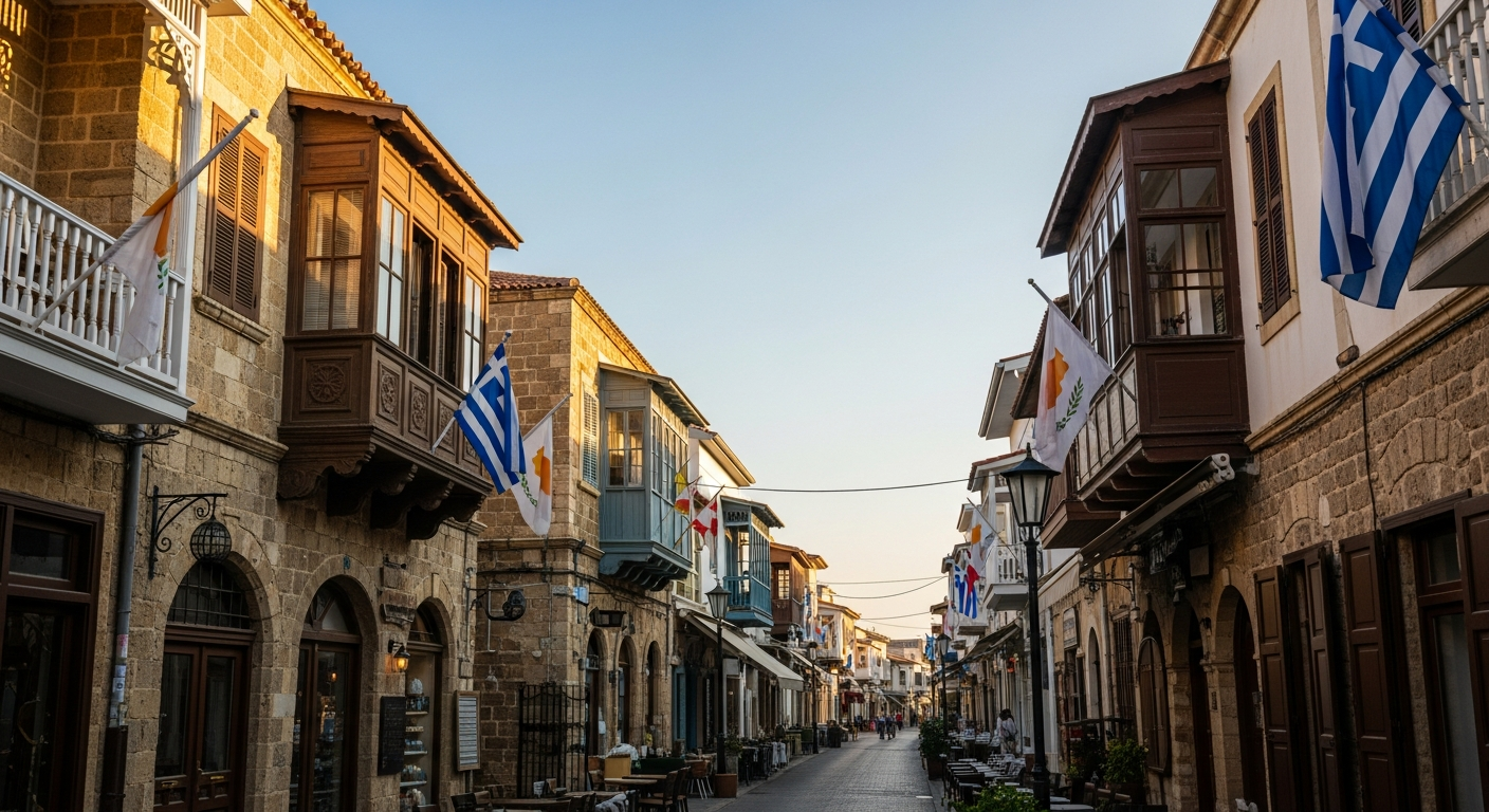 Centro storico di Nicosia con bandiere cipriote in un giorno di festa nazionale