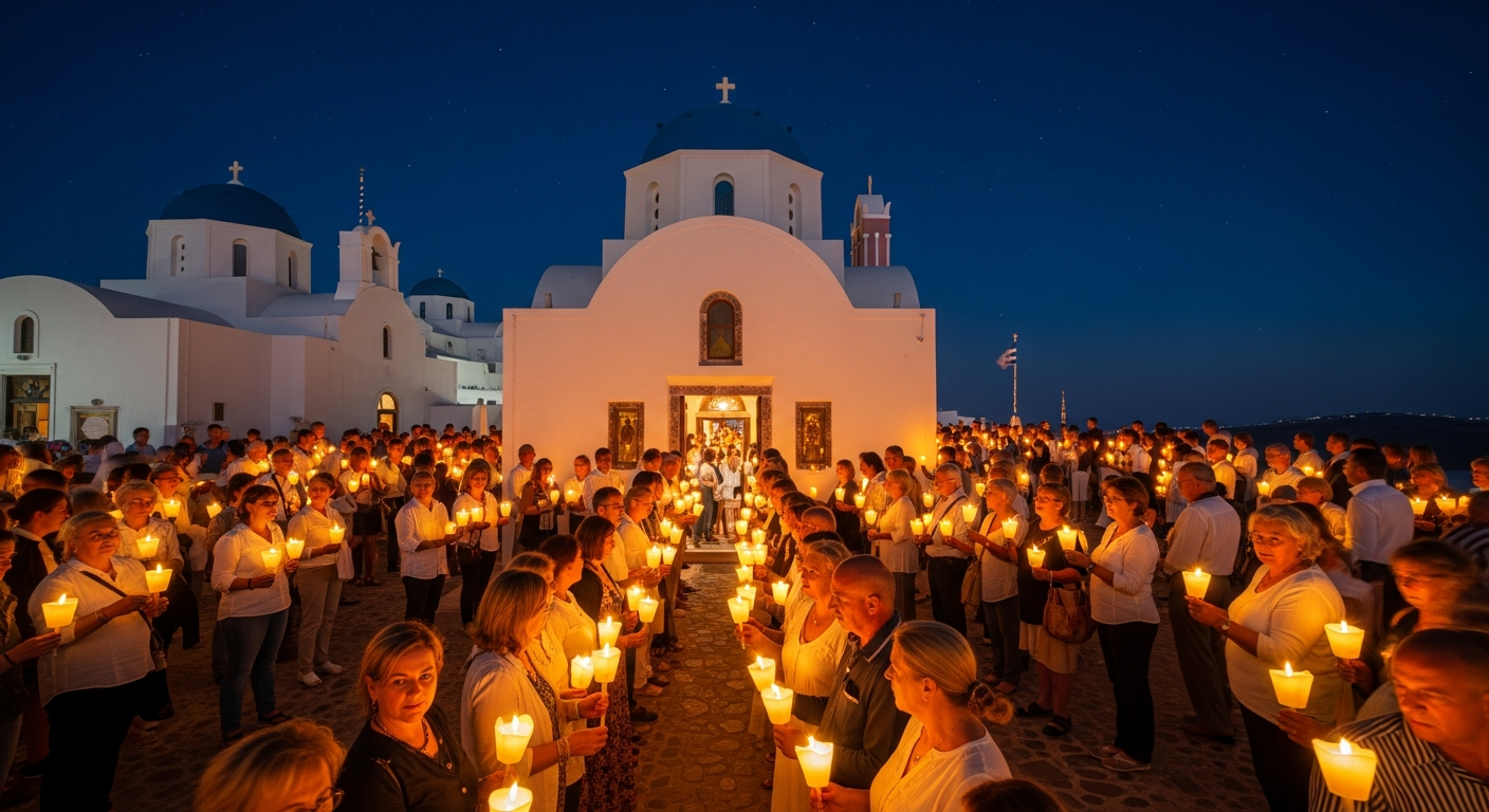 Celebrazione della Pasqua ortodossa greca a mezzanotte con candele fuori da una chiesa bianca